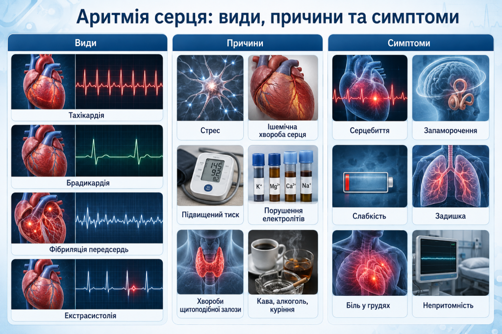 Інфографіка про види аритмії серця, основні причини порушення ритму та характерні симптоми