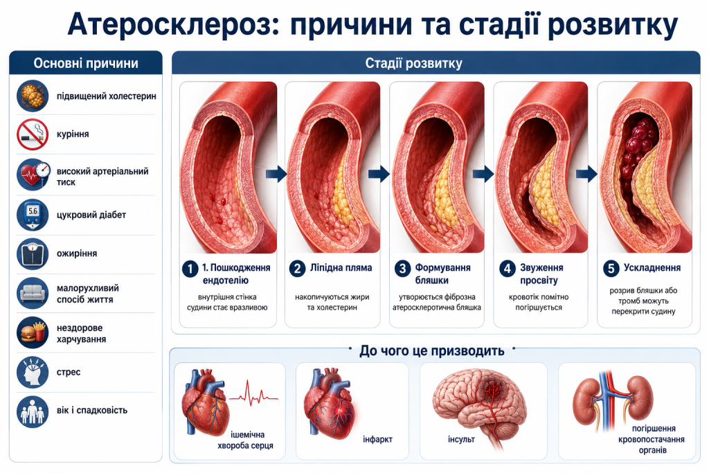 Інфографіка про основні причини, п’ять стадій розвитку атеросклерозу та його наслідки для здоров’я