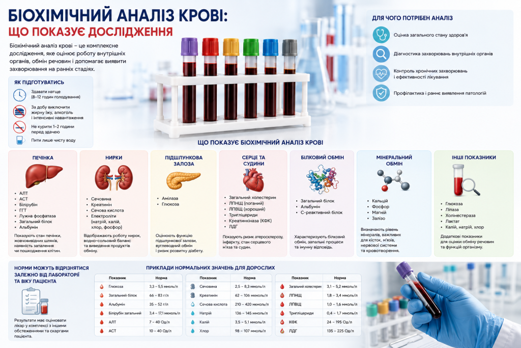 Інфографіка про біохімічний аналіз крові, підготовку, основні показники та норми для дорослих