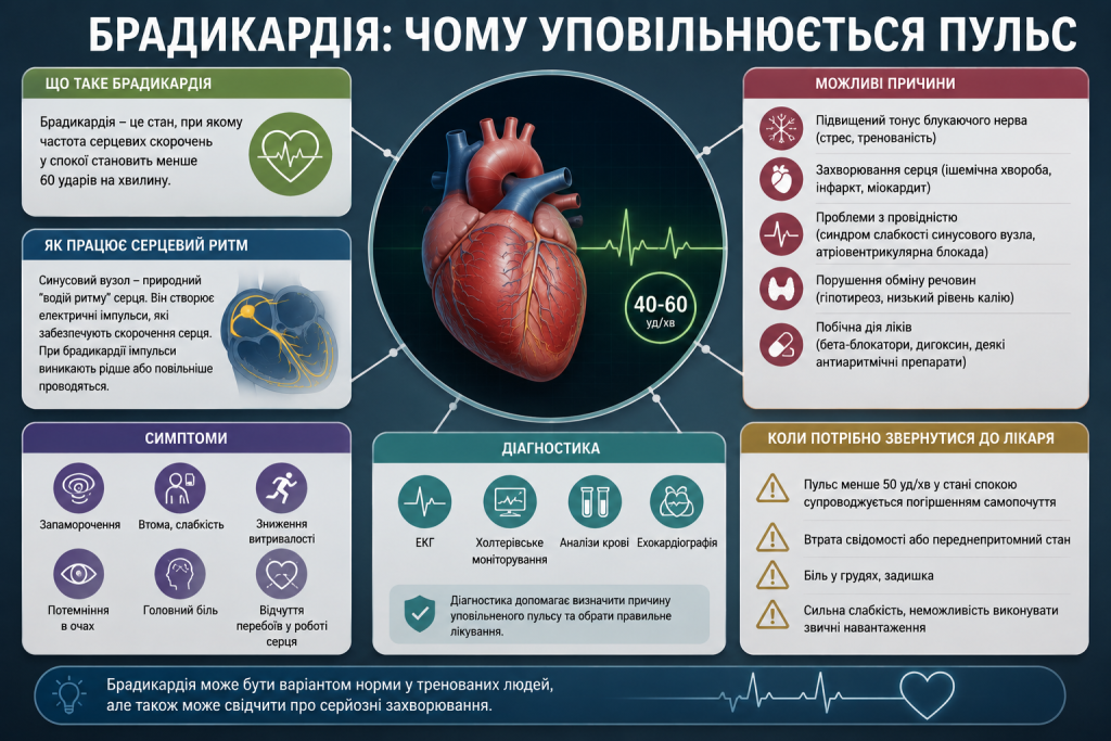 Інфографіка про брадикардію, причини низького пульсу, характерні симптоми, діагностику та показання для звернення до лікаря