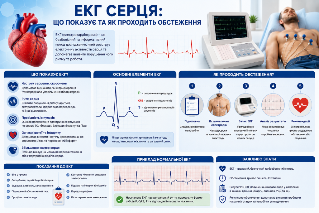 Інфографіка про електрокардіограму серця, показання до ЕКГ, етапи обстеження та основні елементи кардіограми