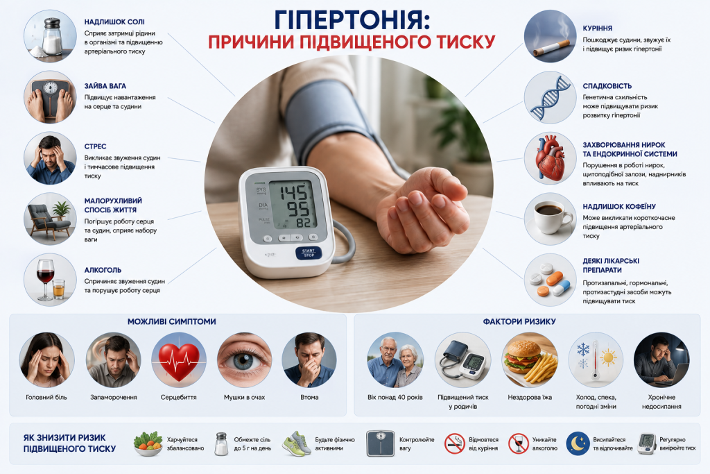 Інфографіка про причини, симптоми й фактори ризику гіпертонії та способи профілактики підвищеного тиску