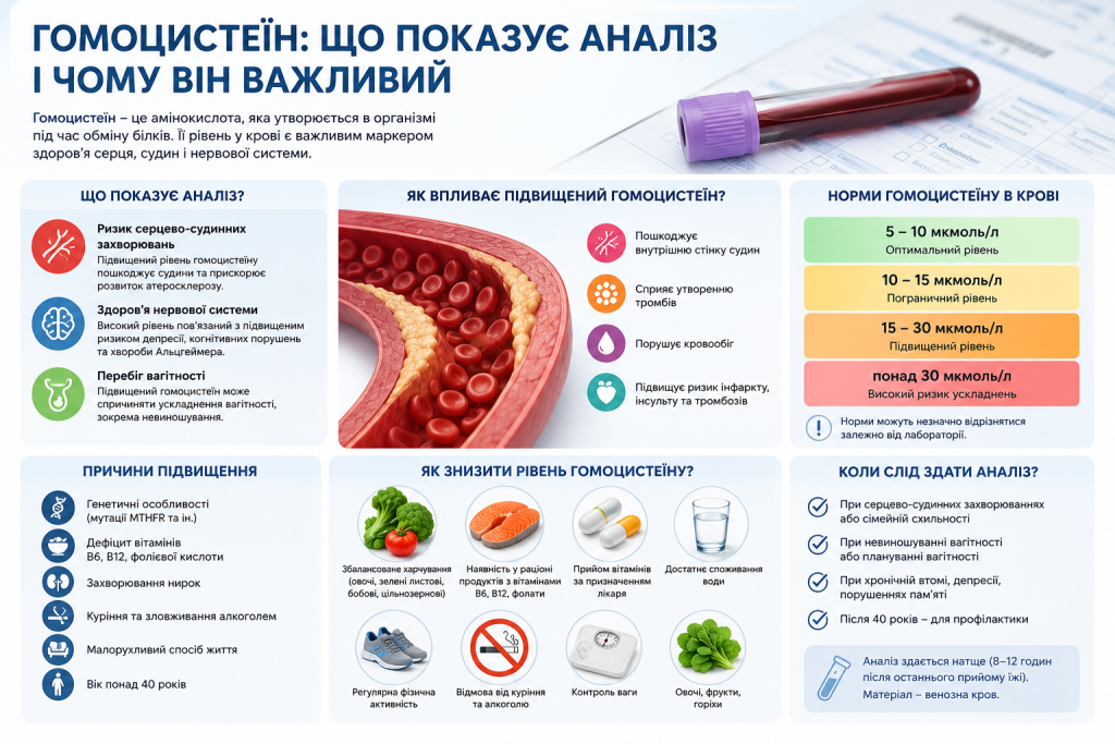 Інфографіка про аналіз крові на гомоцистеїн, нормальні показники, причини підвищення та ризики для здоров’я