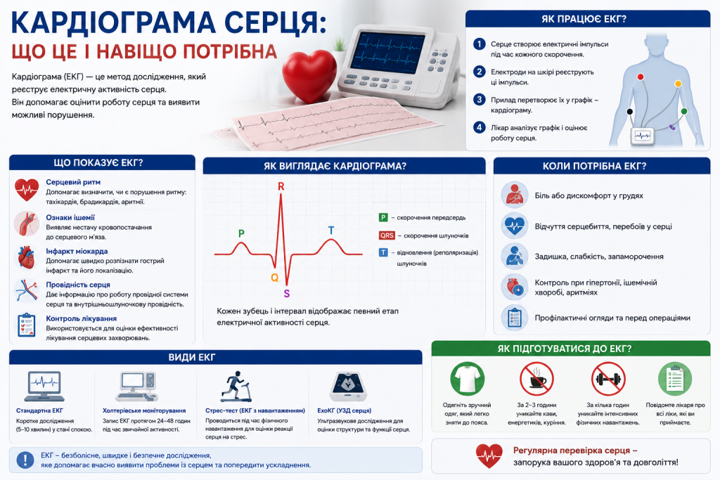 Інфографіка про кардіограму серця, принцип роботи ЕКГ, показання, види дослідження та підготовку