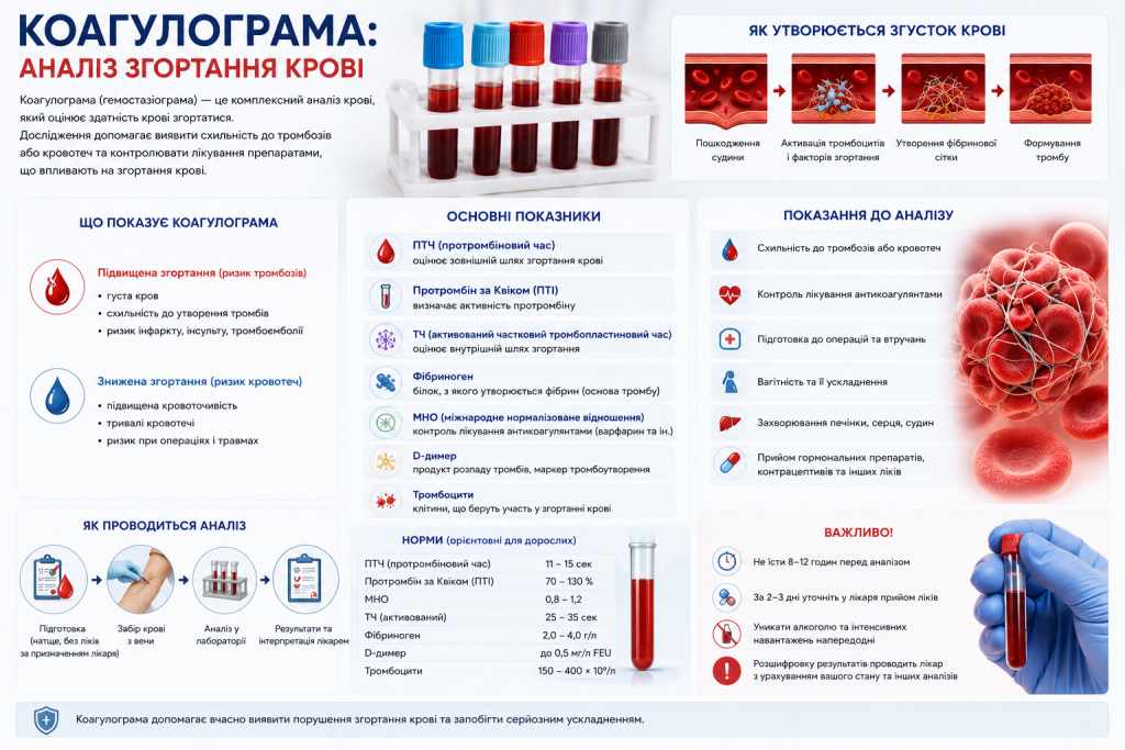 Інфографіка про коагулограму, основні показники згортання крові, норми, підготовку та показання до аналізу