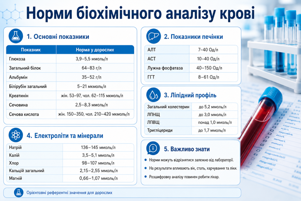 Таблиця норм біохімічного аналізу крові з показниками глюкози, білка, печінкових проб, ліпідів та електролітів