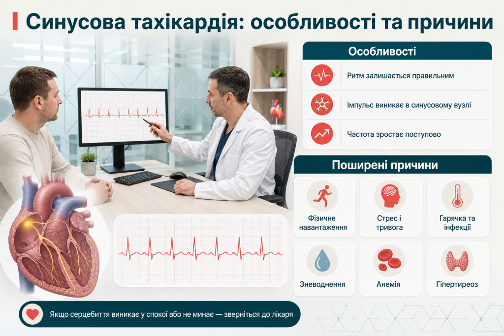 Інфографіка про синусову тахікардію, особливості серцевого ритму та поширені причини прискореного серцебиття