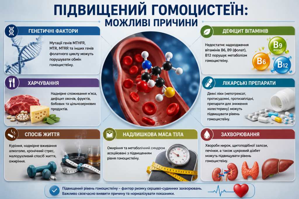 Інфографіка про генетичні, харчові та медичні причини підвищеного рівня гомоцистеїну в крові