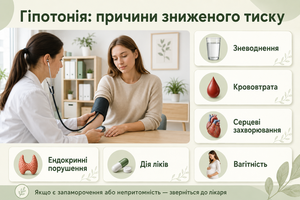Інфографіка про гіпотонію та причини зниженого тиску, серед яких зневоднення, крововтрата, серцеві захворювання та дія ліків