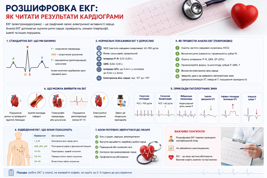 Інфографіка про розшифровку ЕКГ, нормальні показники, зубці кардіограми та ознаки патологічних змін