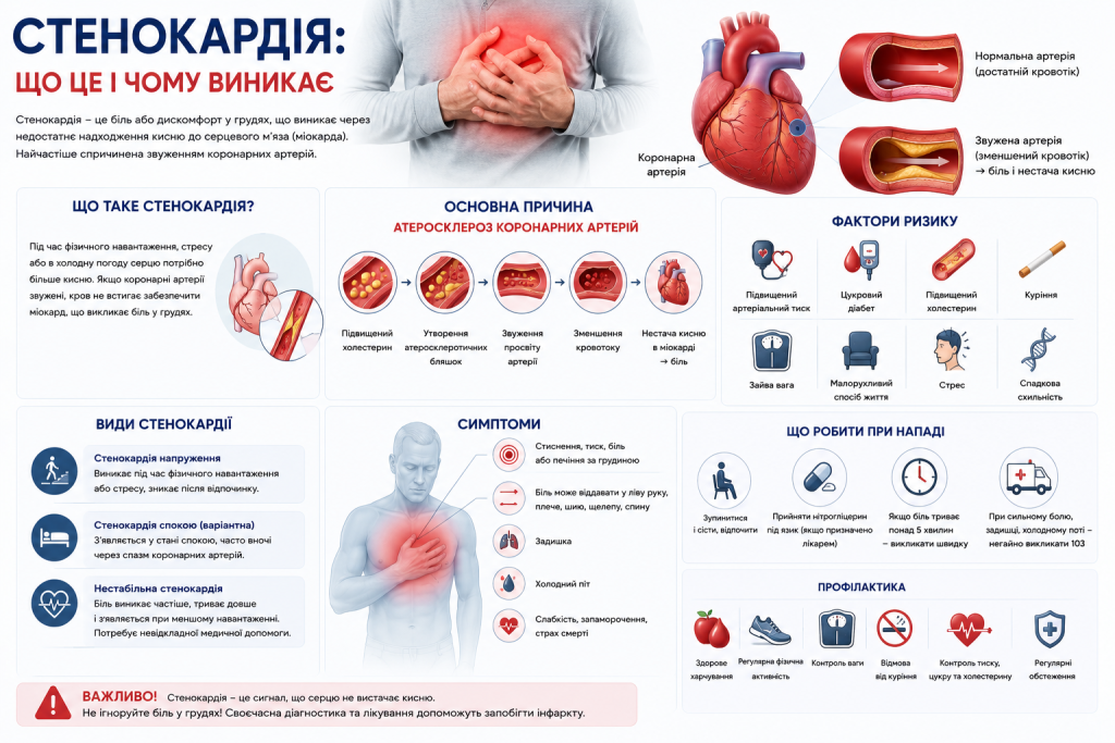 Інфографіка про стенокардію, звуження коронарних артерій, симптоми, фактори ризику та дії під час нападу