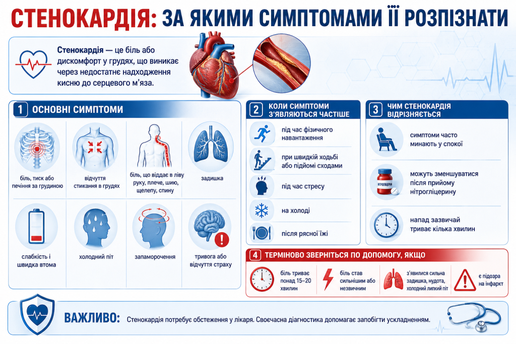 Інфографіка про симптоми стенокардії, умови виникнення болю в грудях та ознаки, за яких потрібна термінова допомога