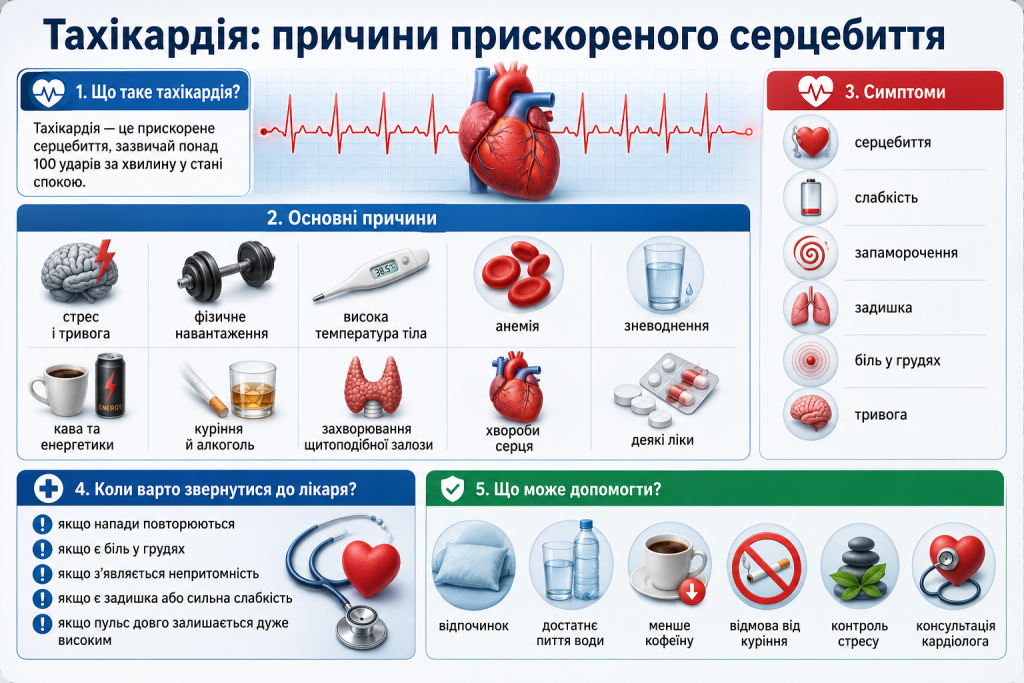 Інфографіка про причини тахікардії, симптоми прискореного серцебиття та способи нормалізації пульсу
