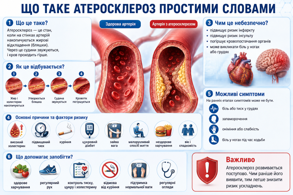 Інфографіка про атеросклероз простими словами з порівнянням здорової та звуженої артерії, причинами й симптомами