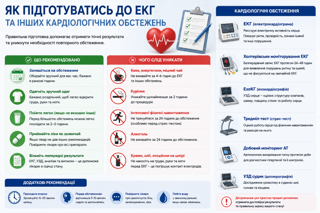 Інфографіка з правилами підготовки до ЕКГ, холтерівського моніторування, ехокардіографії та інших кардіологічних обстежень