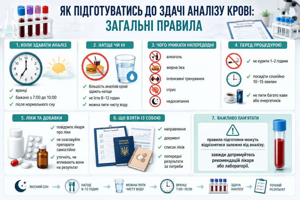Інфографіка з правилами підготовки до здачі аналізу крові натще, переліком обмежень і необхідних документів