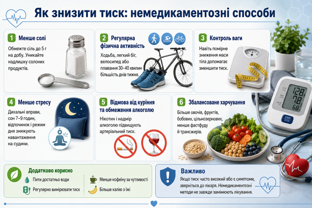 Інфографіка про немедикаментозні способи зниження тиску за допомогою харчування, фізичної активності та здорових звичок