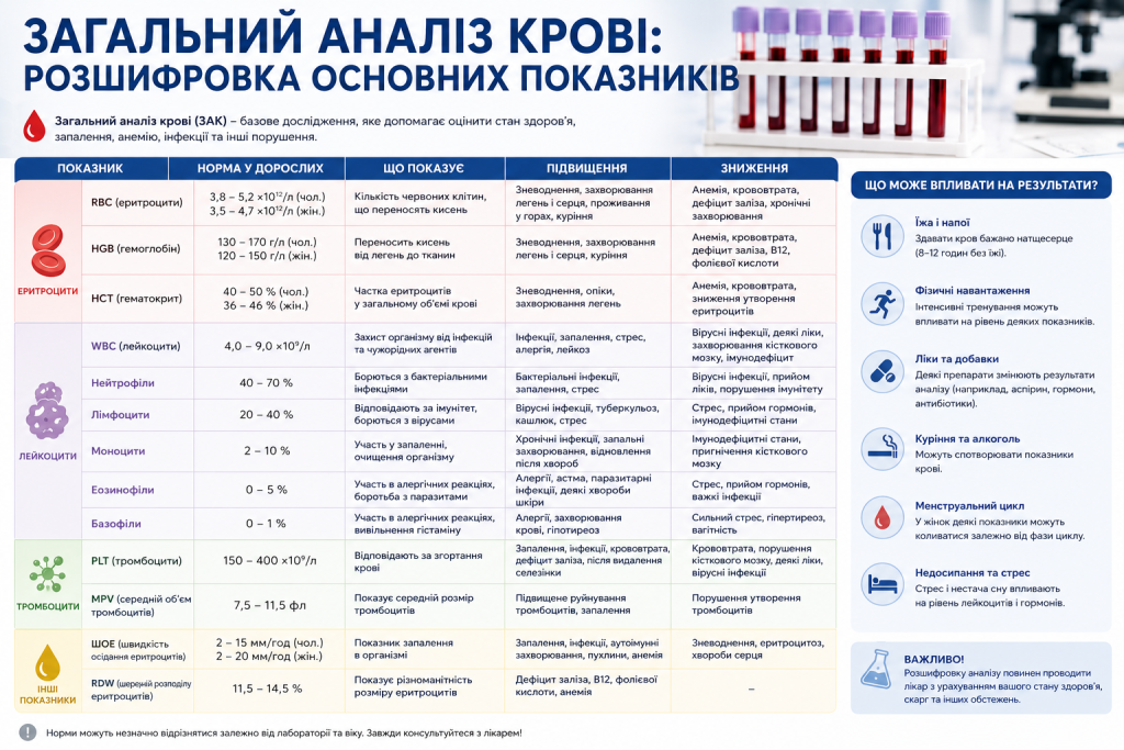 Таблиця розшифрування загального аналізу крові з нормами еритроцитів, лейкоцитів, тромбоцитів та інших показників