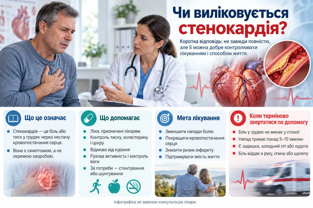 Інфографіка про стенокардію, причини болю в грудях, способи лікування, контроль факторів ризику та ознаки, коли потрібна термінова медична допомога.