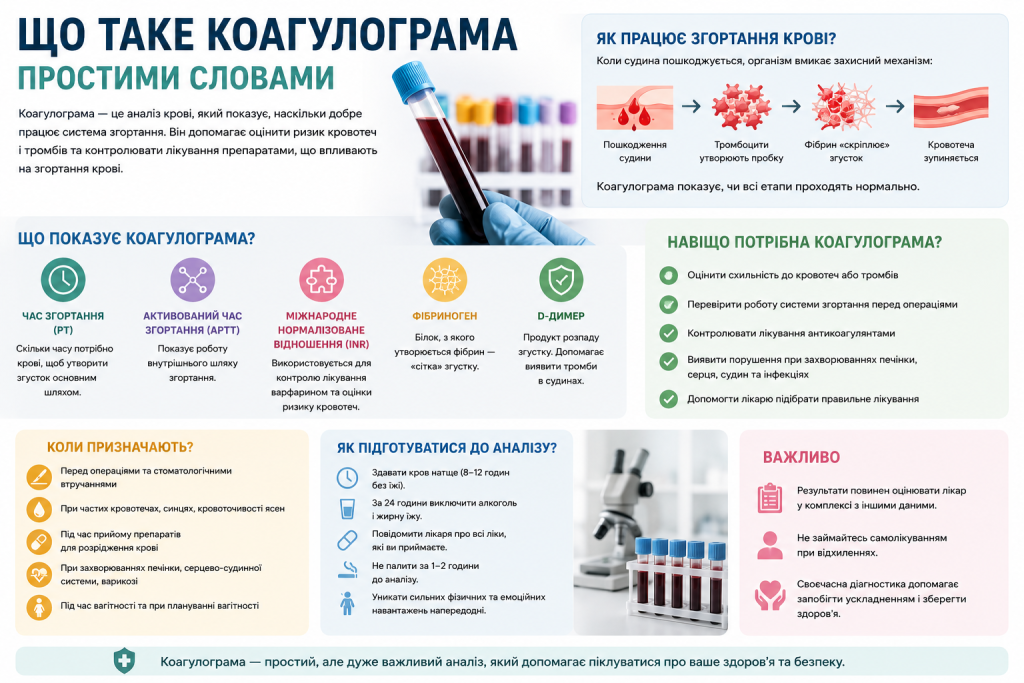 Інфографіка про коагулограму з основними показниками згортання крові, підготовкою до аналізу та причинами його призначення