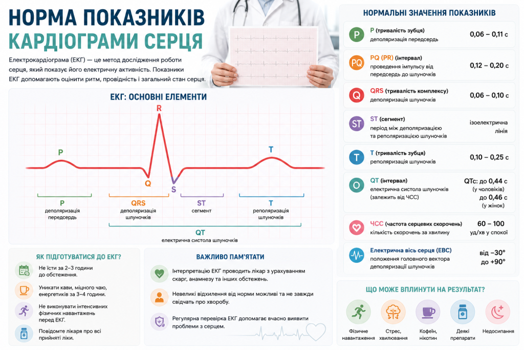 Інфографіка з основними елементами електрокардіограми P, QRS, ST, T і QT та прикладами нормальних показників ЕКГ