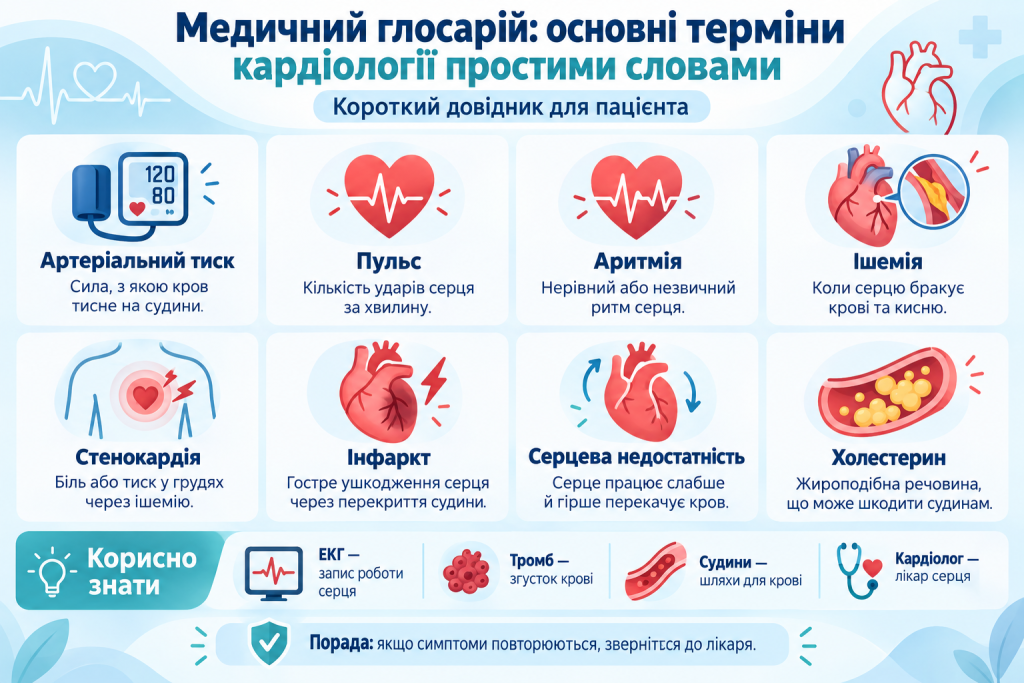 Інфографіка з основними термінами кардіології простими словами: артеріальний тиск, пульс, аритмія, ішемія, стенокардія, інфаркт і серцева недостатність.