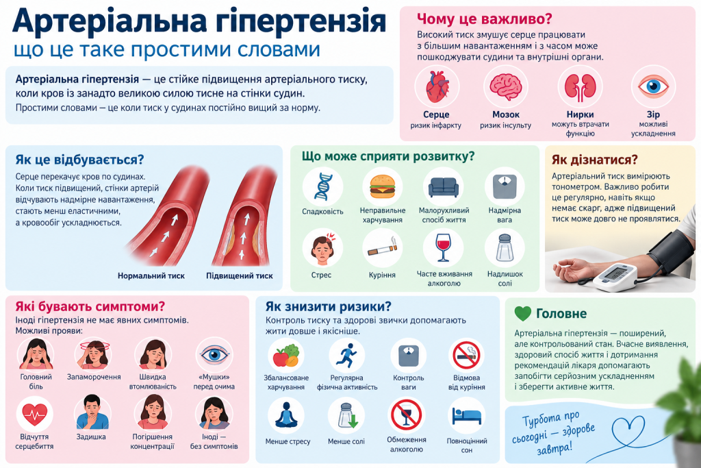 Інфографіка про артеріальну гіпертензію, причини підвищеного тиску, можливі симптоми, ризики для здоров’я та способи профілактики.