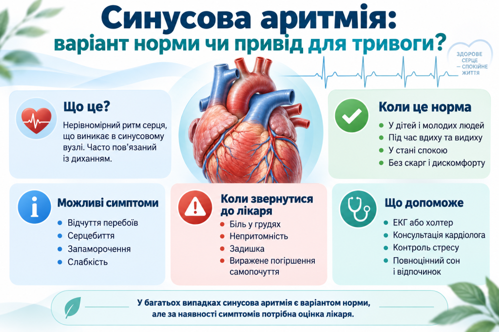 Медична інфографіка про синусову аритмію, можливі симптоми, ознаки норми та причини звернення до лікаря