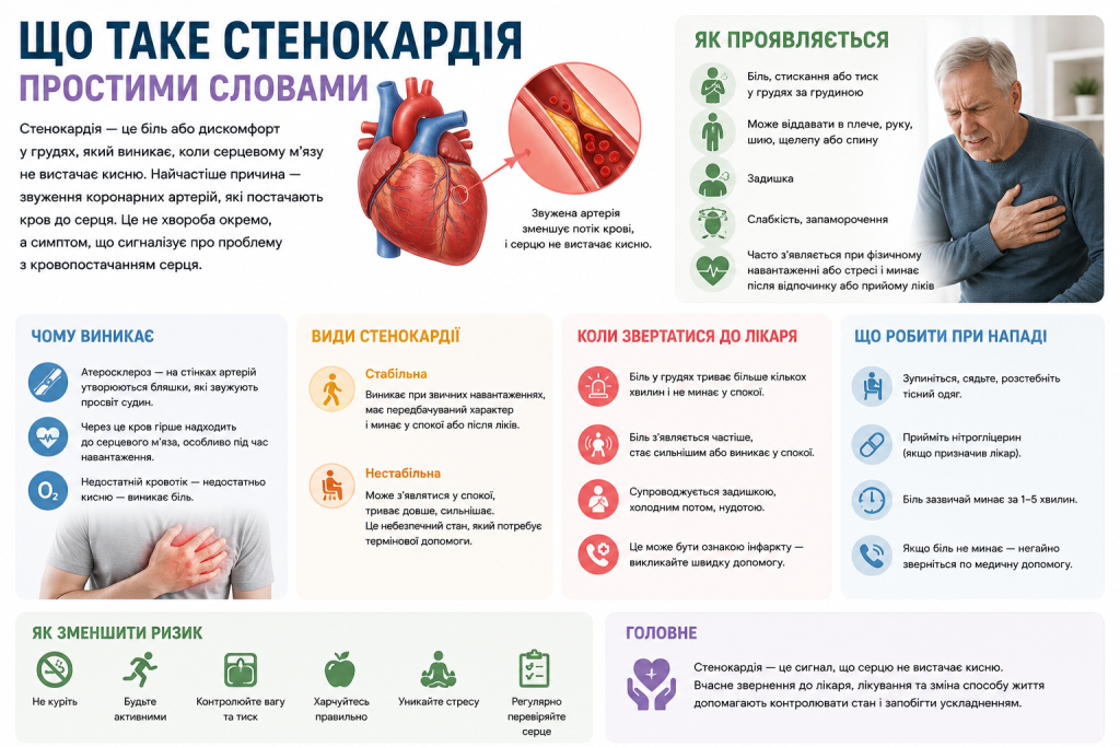Медична інфографіка про стенокардію з основними симптомами, причинами виникнення, видами та рекомендаціями щодо звернення по допомогу